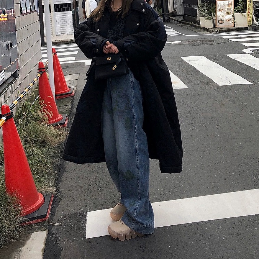 LANGBOOM  幽彩蝶 复古做旧印花工艺可卷边宽松休闲牛仔裤