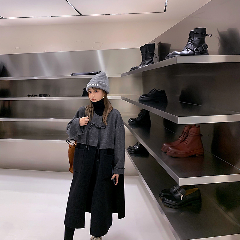 全羊毛黑灰高级慵懒手工大衣