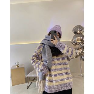 LANGBOOM AC定制混色套头羊毛毛衣 紫米波波奶茶