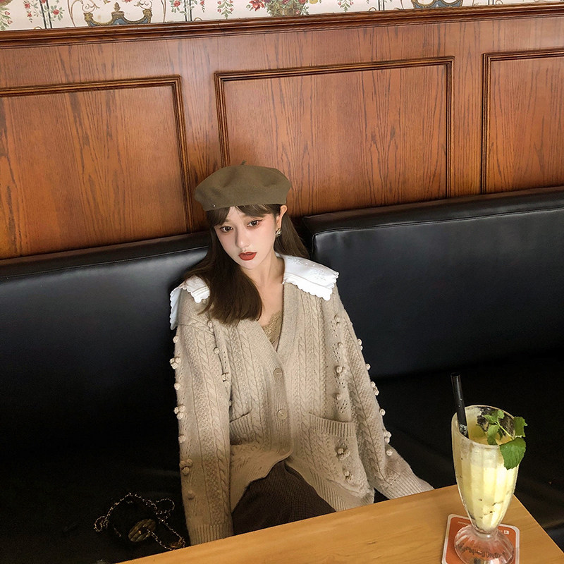 LANGBOOM  全羊毛燕麦麻花手工勾花波浪花边领海军领毛衣开衫外套