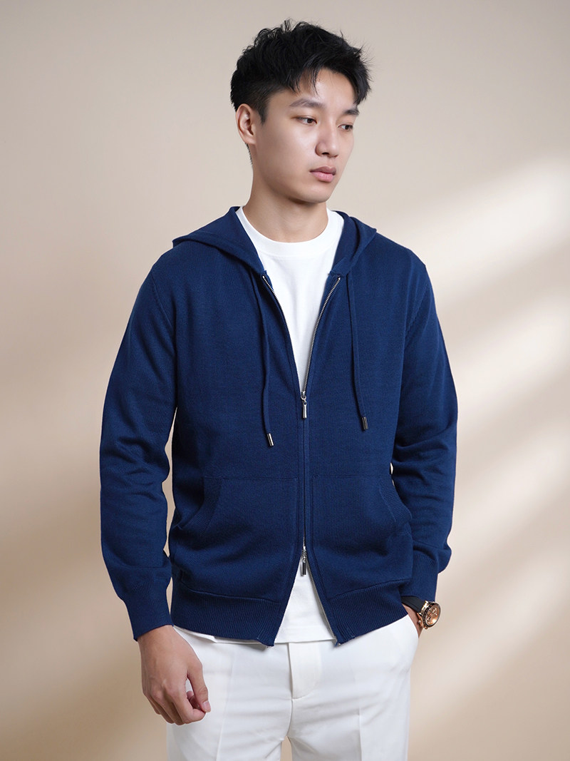 时尚百搭纯色男士针织开衫卫衣带帽休闲商务上衣长袖拉链修身外套