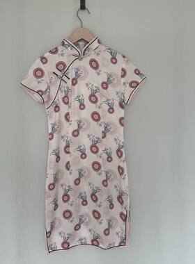 混纺真丝旗袍百搭夏季新印花高档女士旗袍裙短款修身显瘦拉链短袖