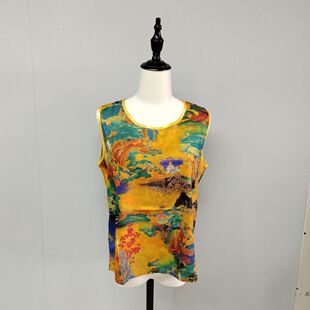 桑蚕丝真丝缎香罗背心夏季新款女士复古风无袖上衣中国风印花
