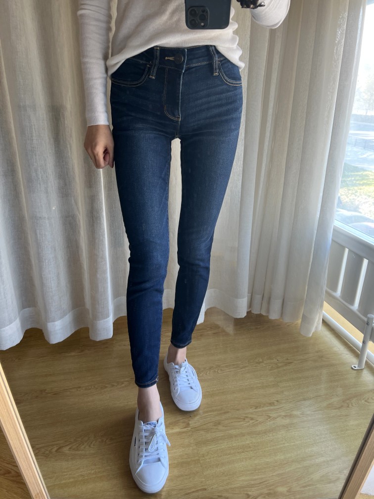 原单老鹰深蓝高腰弹力春夏小脚九分裤女显瘦修身小脚长裤靴裤89分