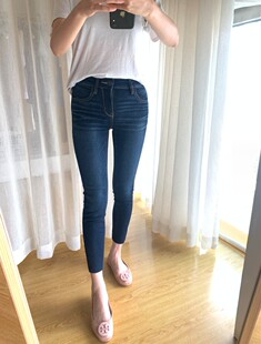 外贸纯原鹰家深蓝高腰毛边89分裤 九分显瘦牛仔小脚 高弹女秋冬大码