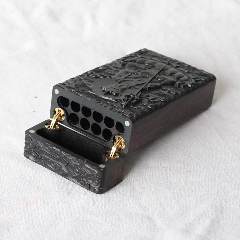 定制超薄便携黑檀木浮雕镶嵌纯银翻盖打孔中支装10支20支红木烟盒