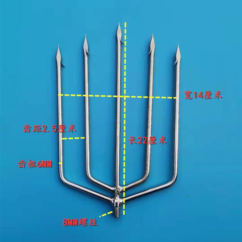 实心不锈钢特大号五齿鱼叉头扁尖大倒刺超硬木柄老式套管叉多功能