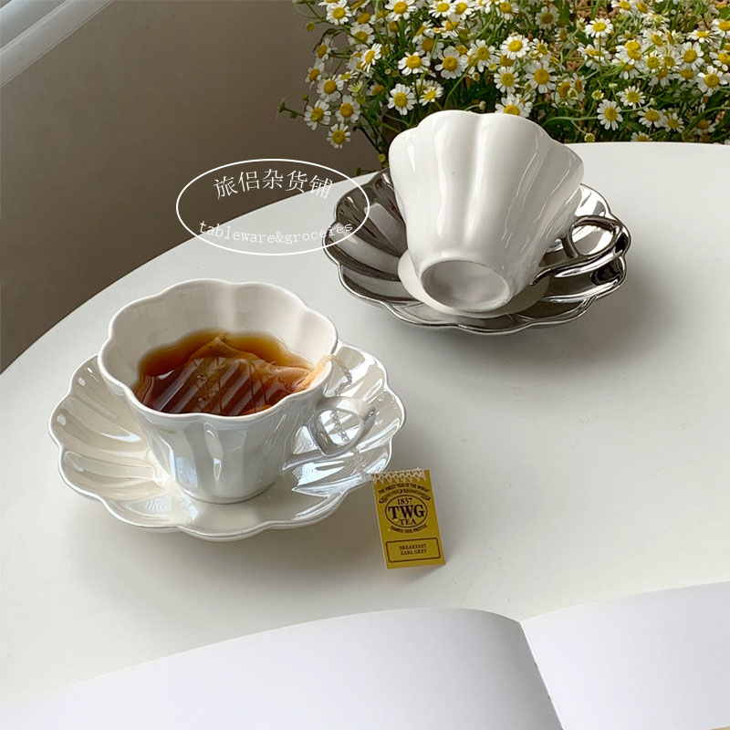 ins风轻奢花瓣珠光银色陶瓷花茶杯下午茶杯碟高颜值水杯咖啡杯