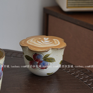 景德镇手作粗陶蓝莓花口咖啡杯拿铁拉花杯茶杯手握杯猪口杯复古