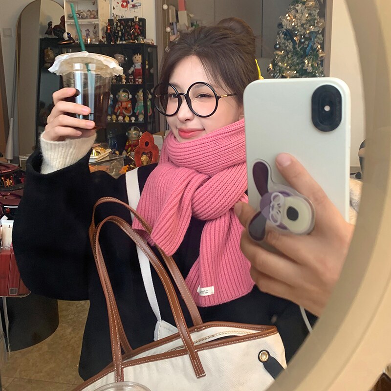 새로운 라즈베리 핑크 울 스카프 여성 가을 겨울 한국어 버전 다목적 솔리드 컬러 레트로 커플 스카프