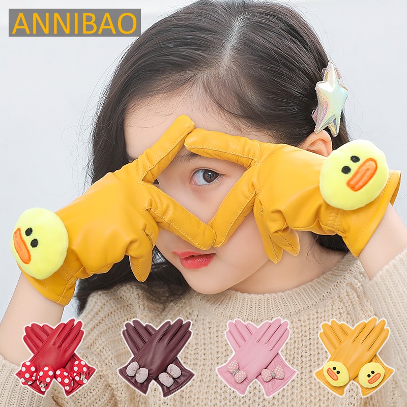 儿童皮手套冬女生卡通真皮春秋薄加绒孩子可爱学生宝宝女童五指