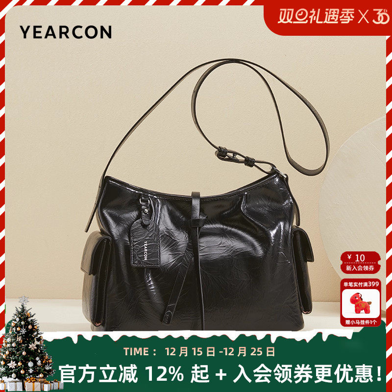 意尔康女包黑色大容量褶皱托特包