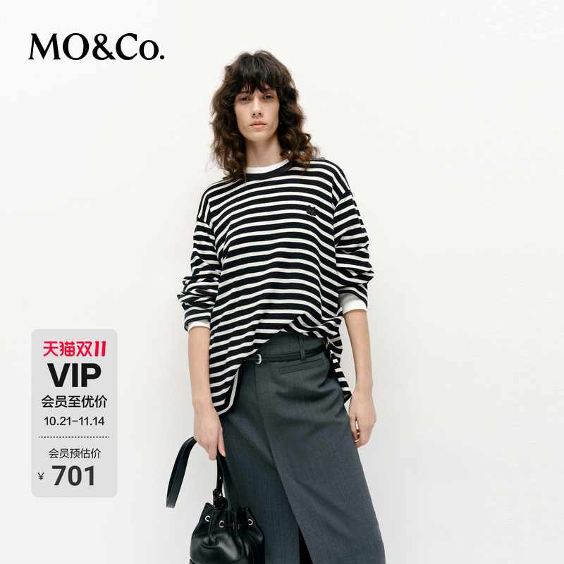 MOCO长袖T恤绵羊毛刺绣logo条纹