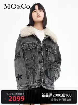 MOCO2021 Autumn New Little Mermaid series embroidered lamb wool collar denim coat Moanke
