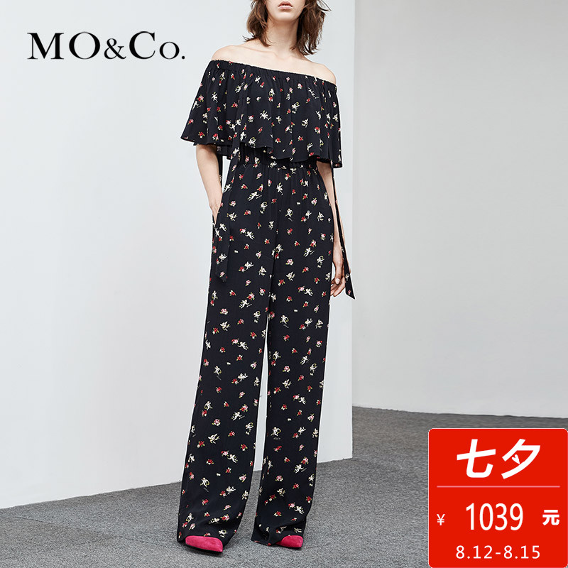 MOCO2018夏季新品一字肩碎花松緊腰連體褲MA182JPS103 摩安珂