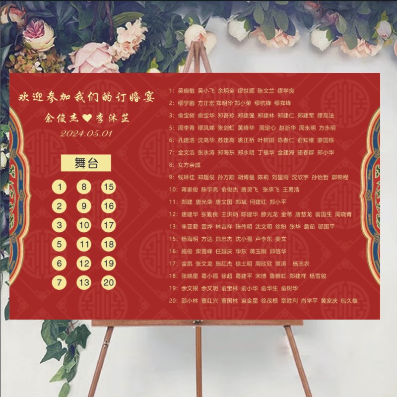 新中式红色婚礼座位图婚宴座次表坐席迎宾牌席位卡设计kt板海报