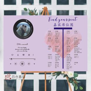 留声机紫色婚礼席位图婚宴座次表结婚座位牌宴会桌位图喜榜打印KT