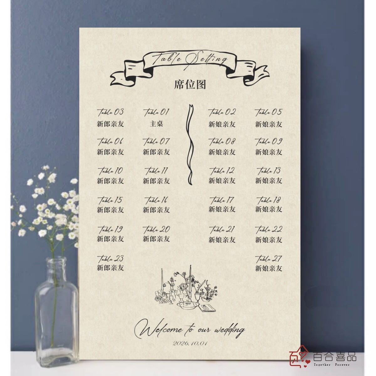 定制手绘婚礼席位图婚宴桌位牌结婚宾客安排表座位指引迎宾牌KT板