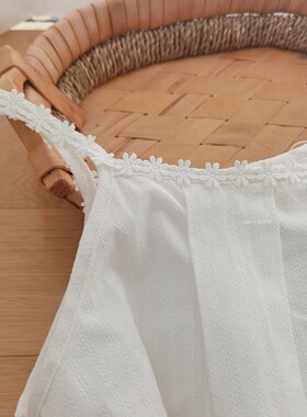 法式睡裙女夏季纯棉提花棉纱吊带短裤白色免文胸带胸垫家居服睡衣