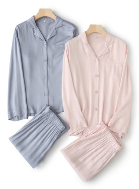 睡衣女情侣缎面春秋韩版贡缎人棉冰丝大码长袖套装棉绸男士家居服