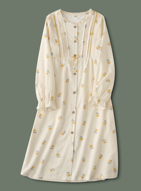 甜美碎花睡衣女春秋款纯棉磨毛绒布长袖套头居家服女款家居服睡裙