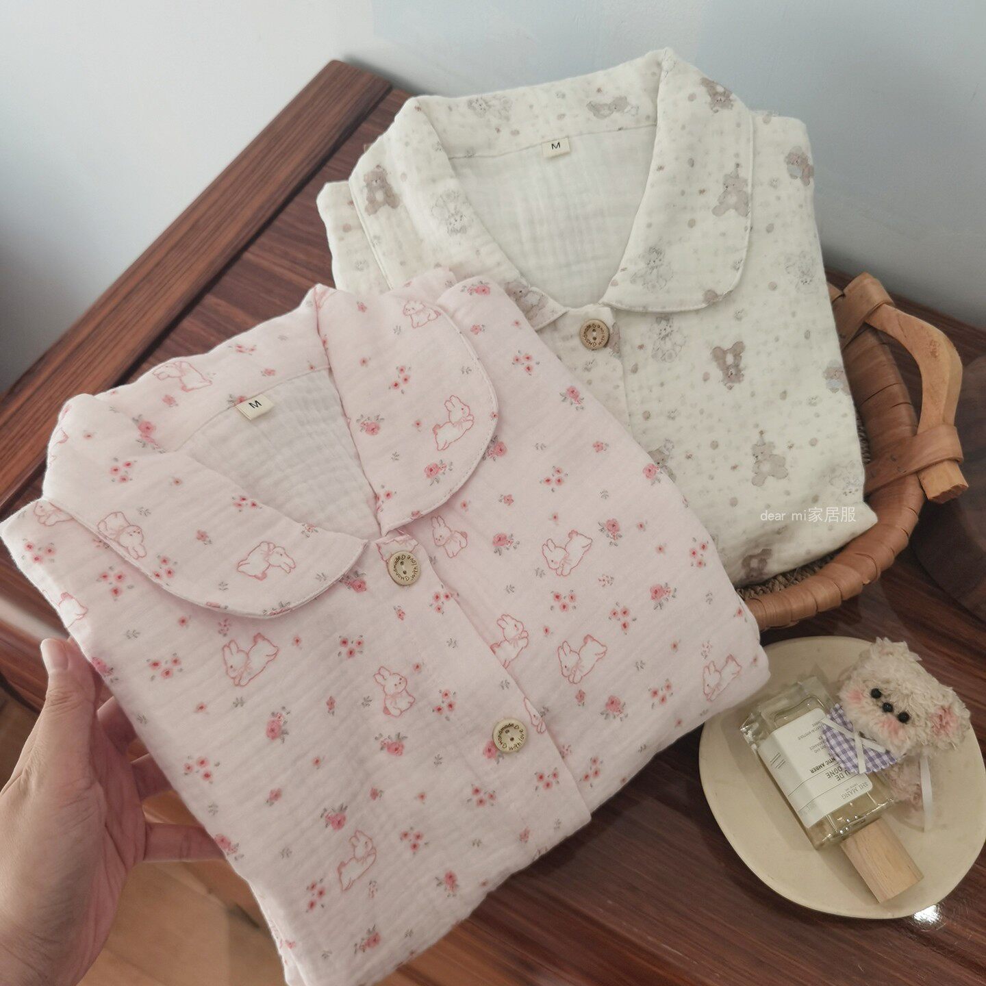 蜜桃小兔软糯纯棉三层纱家居服