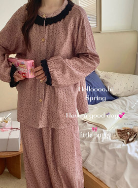 韩系小碎花睡衣女春夏新品纯棉三层纱布长袖长裤ins风慵懒家居服