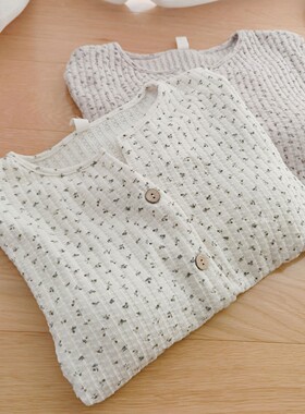 森系小碎花带胸垫睡衣女春秋季华夫格棉质长袖免bra可外穿家居服