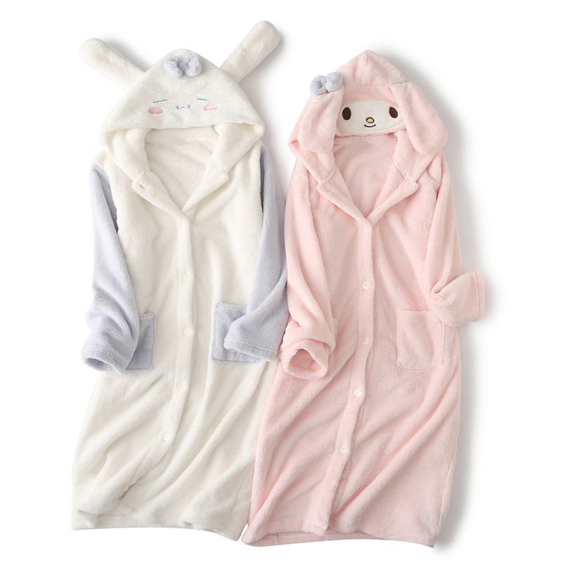 可爱玉桂兔耳朵珊瑚绒睡袍家居服