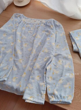 baby鹅睡衣女纯棉纱布长袖圆领居家服可爱卡通短袖长裤春秋家居服