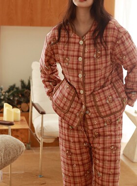 睡衣女冬季纯棉纱布珊瑚绒三层夹棉红色本命年加厚保暖棉袄家居服