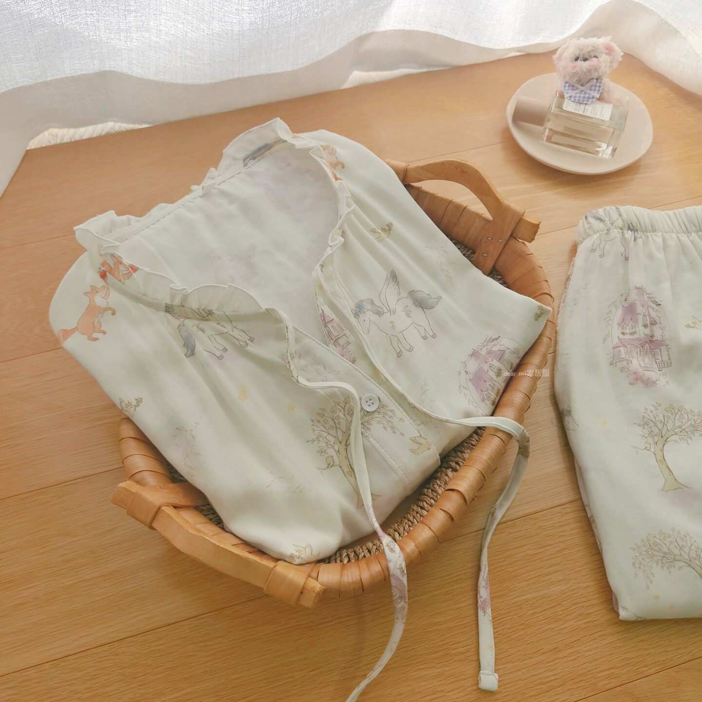 小狐狸睡衣女夏季轻软竹纤维棉纱布短袖短裤长裤甜美荷叶领家居服