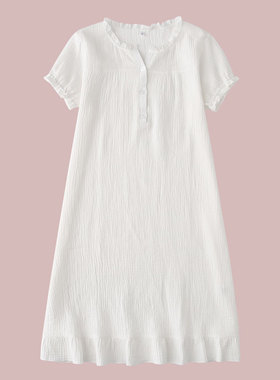 v领棉纱睡裙女夏纯棉日系薄款短袖长裙透气全棉长袖白色纱布睡衣