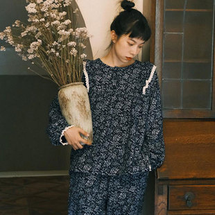 法式花柄睡衣女秋冬纯棉绒布居家长裙圆领套头保暖磨毛家居服睡裙