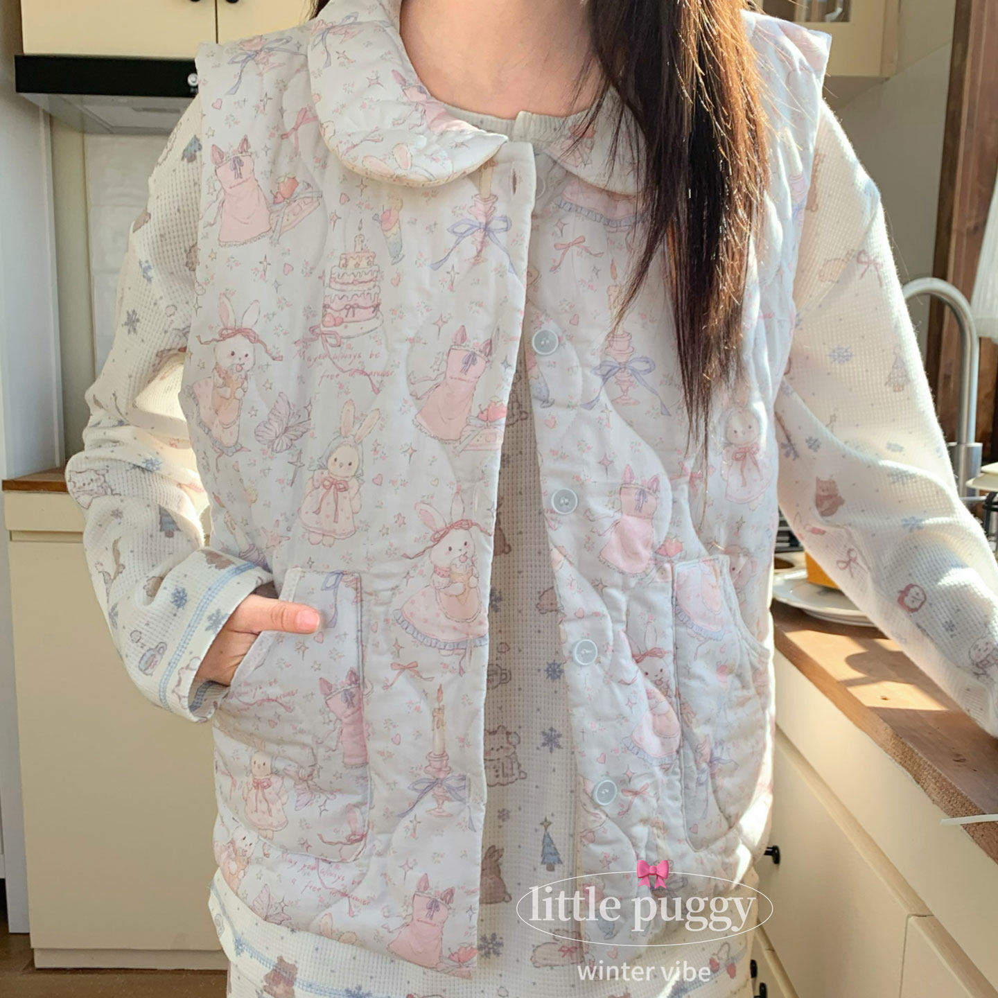 软萌小兔纯棉夹棉保暖马甲家居服