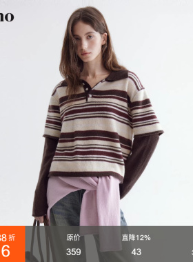 范洛Fano 复古松弛风”假两件polo领100% 绵羊毛“撞色条纹毛衣女