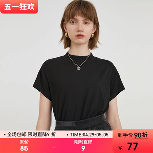 范洛2024夏季新款黑色白色莫代尔半高领短袖女宽松打底衫半袖T恤