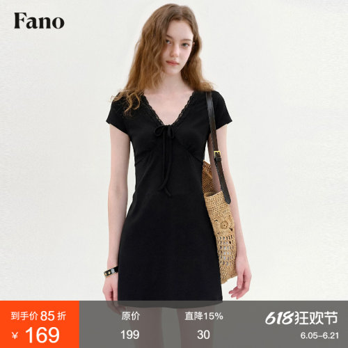 范洛Fano 简约黑色V领蕾丝A字裙女2026夏季新款收腰拼接系带短裙
