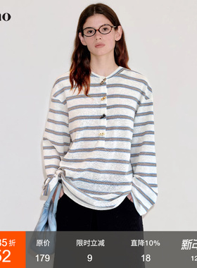 范洛Fano miu系牛角扣亨利衫复古慵懒条纹长袖宽松T恤女2025新款