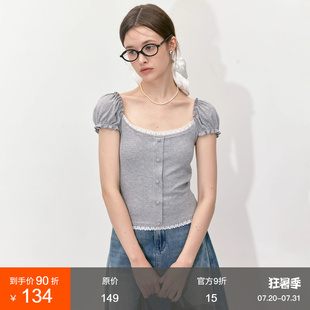 范洛格雷系针织T恤独特俏皮修身 上衣夏 短袖 小众设计感方领泡泡袖