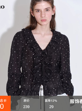 范洛Fano 俏皮波点印花浪漫荷叶边造型感灯笼袖V领衬衫女上衣夏季