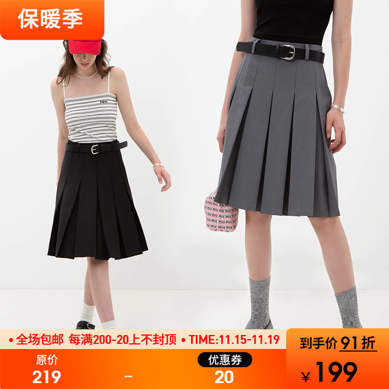 范洛2023年夏季新款黑色百褶半身裙女学院风复古高腰显瘦A字裙子