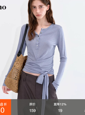 范洛Fano 天丝羊毛混纺长袖T恤女2026春季高级感正肩修身系带上衣