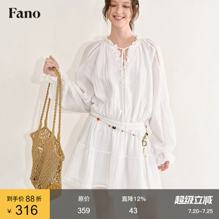 范洛Fano 度假松弛感长袖连衣裙女2026夏新款花边收腰泡泡袖裙子