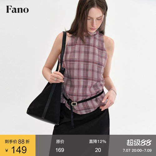 范洛Fano 复古松弛感格纹衬衫女2026夏季半高领飘带挖肩无袖上衣