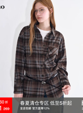范洛Fano 复古磨毛格纹面料质感果实扣斜裁口袋拼接衬衫女上衣冬