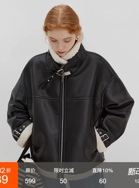 范洛Fano 皮毛一体短外套女加绒加厚冬新款宽松设计感机车服夹克