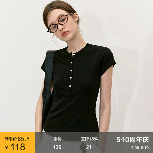 范洛半门襟复古修身百搭短袖T恤