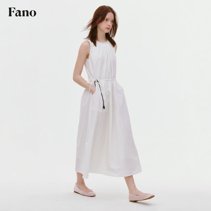 范洛Fano 简约抽褶小香风花边修身圆领无袖白色连衣裙女夏高级感