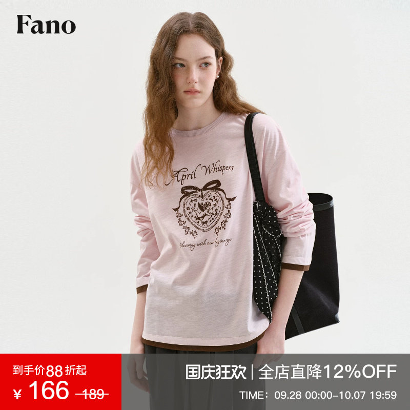 范洛Fano 复古温柔风爱心天使印花假两件女2026秋新款宽松长袖T恤图片